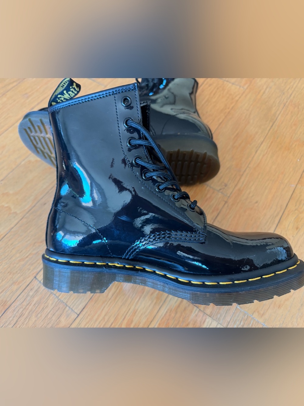Dr. Martens 1460 Black Patent 8-Eye Lace-Up Boots with Yellow Stitching like new